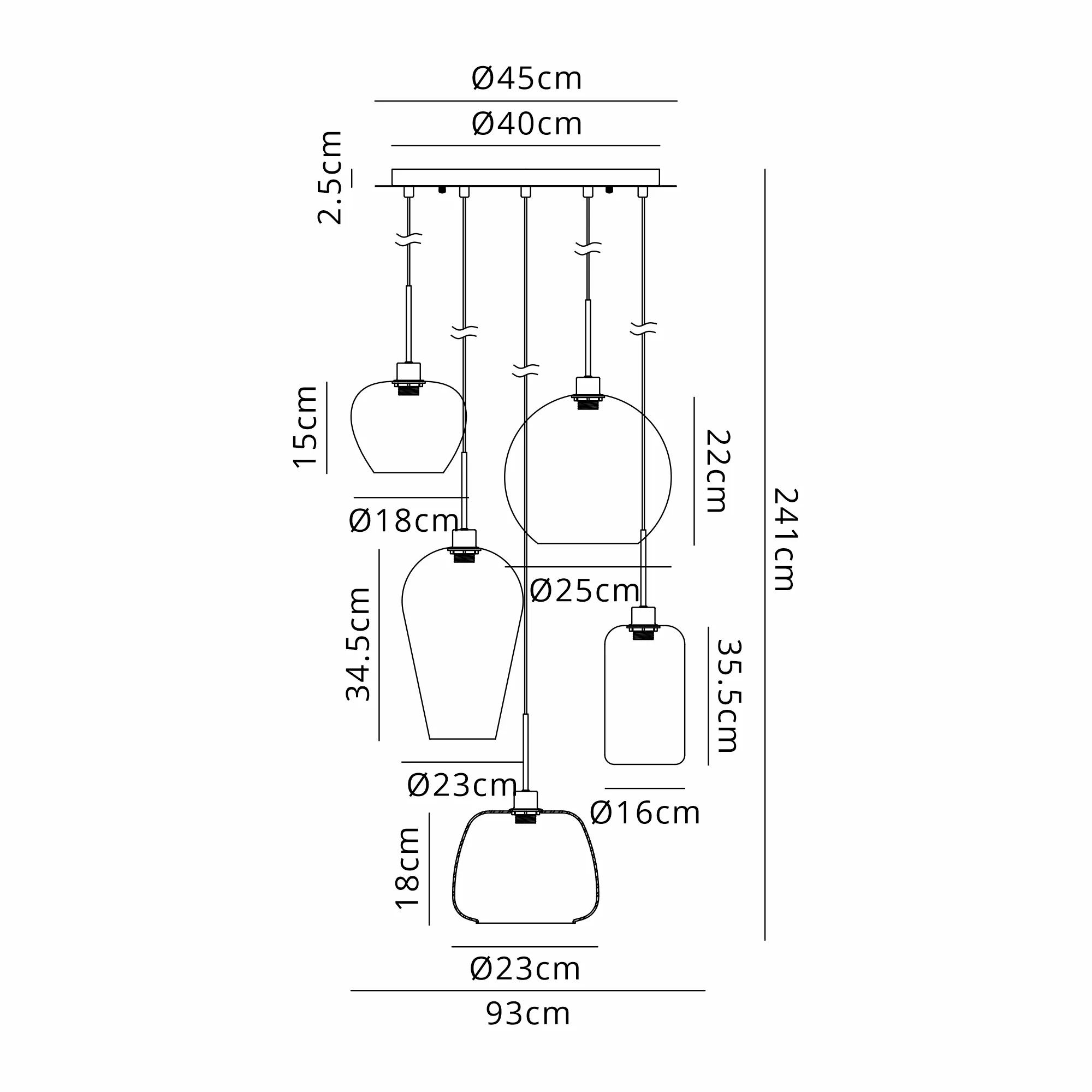 DK1298  Lori 45cm Round Pendant, 5 Light Adjustable E27, Polished Chrome/Smoke Fade With Mixed Shades